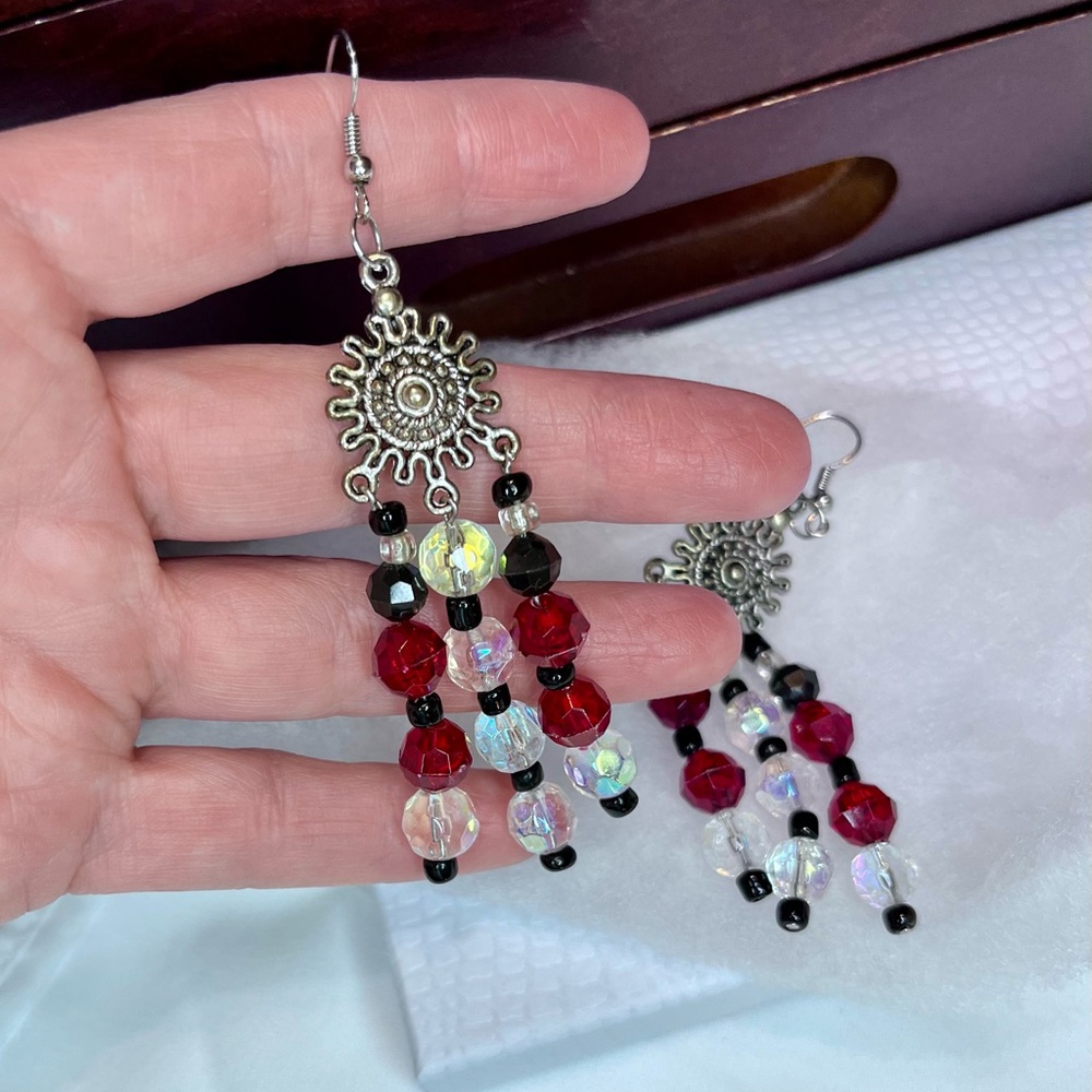 Boho Sun Charm Dangle Earrings | Red Black & AB Crystal Beaded Statement Fringe